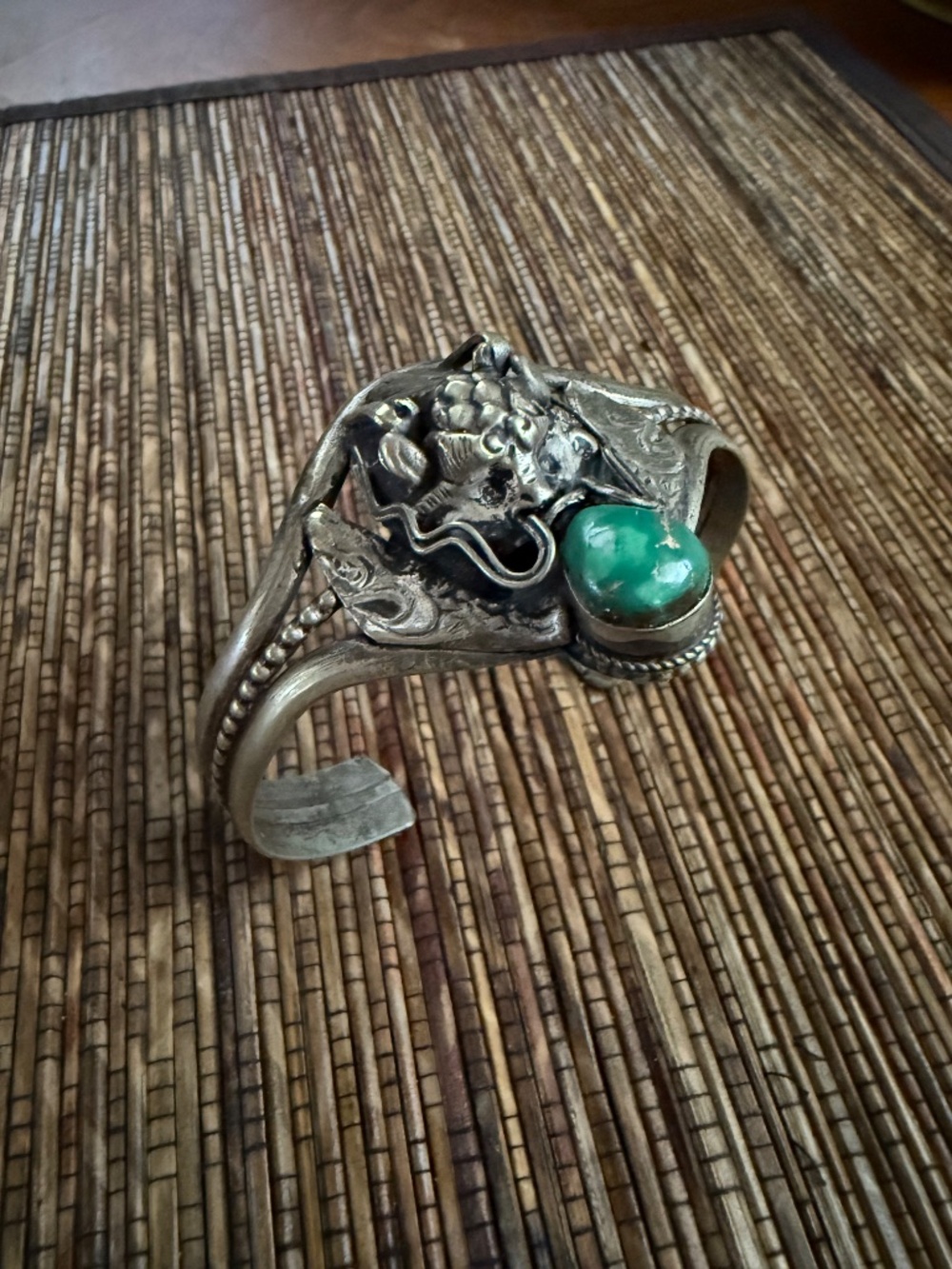 Tibetan Dragon Turquoise Cuff Bracelet Silver Metal Antique Vintage Artisan - Picture 9 of 12